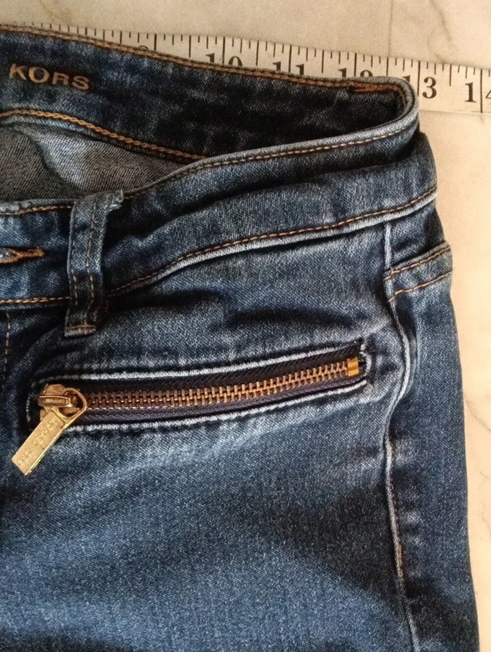 Michael Kors Women's Dark Wash Skinny Jeans with Gold Zipper Accents